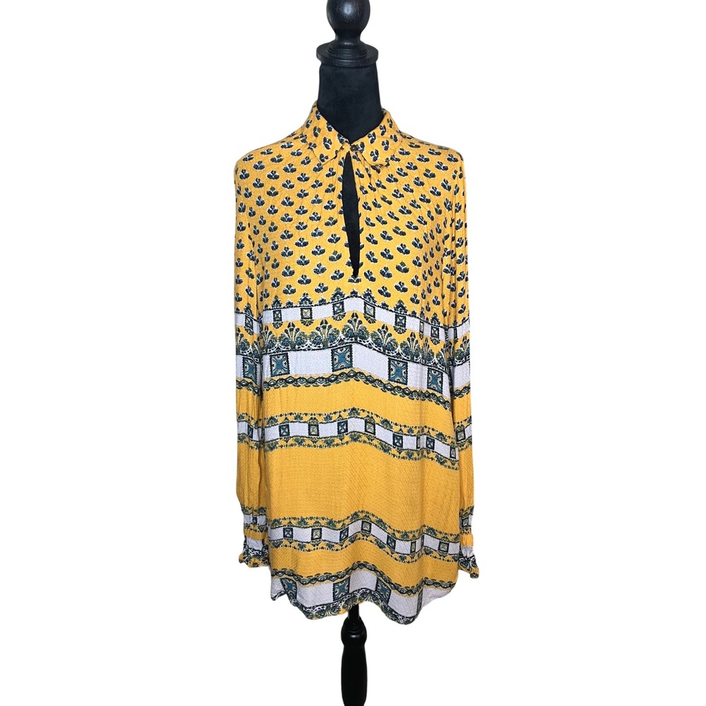 Free People‎ Flowy Long Sleeve Mini Dress Yellow Print Medium Festival Boho